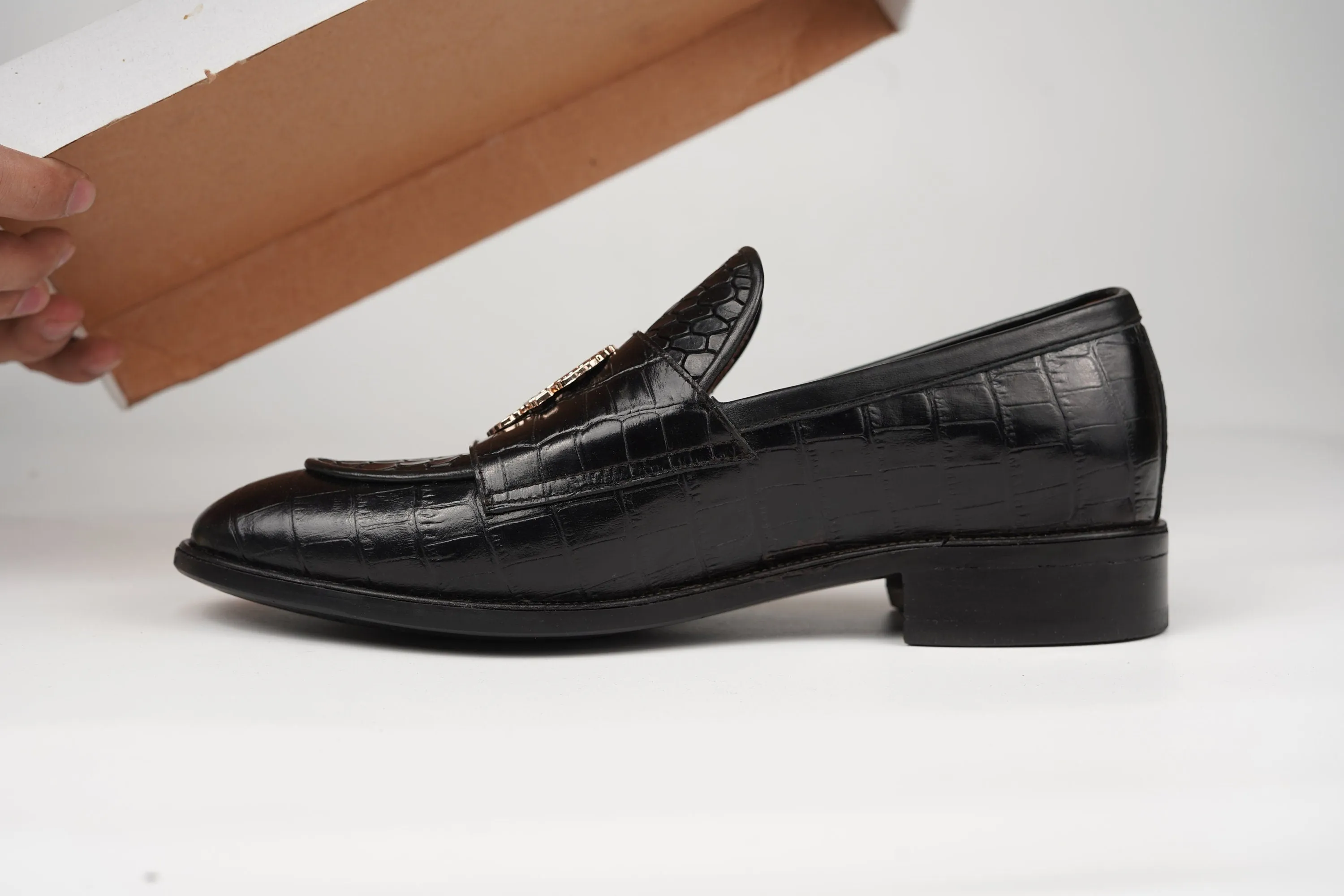 Black Double Buckle Loafer made using embossed Crocodile leather Custom Made-To-Order Shoes  Premium Quality Handmade