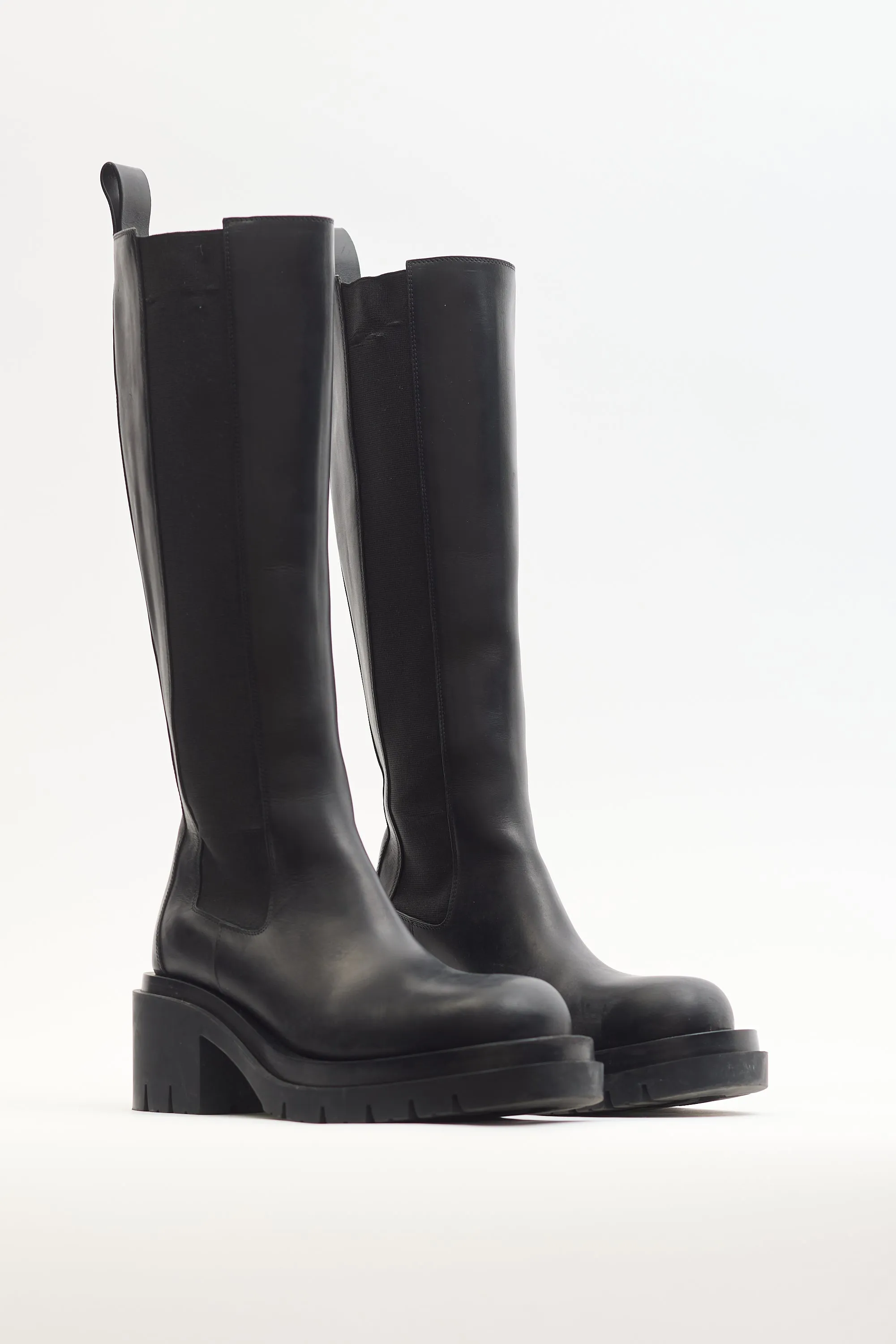 Black Leather Lug Knee High Chelsea Boot