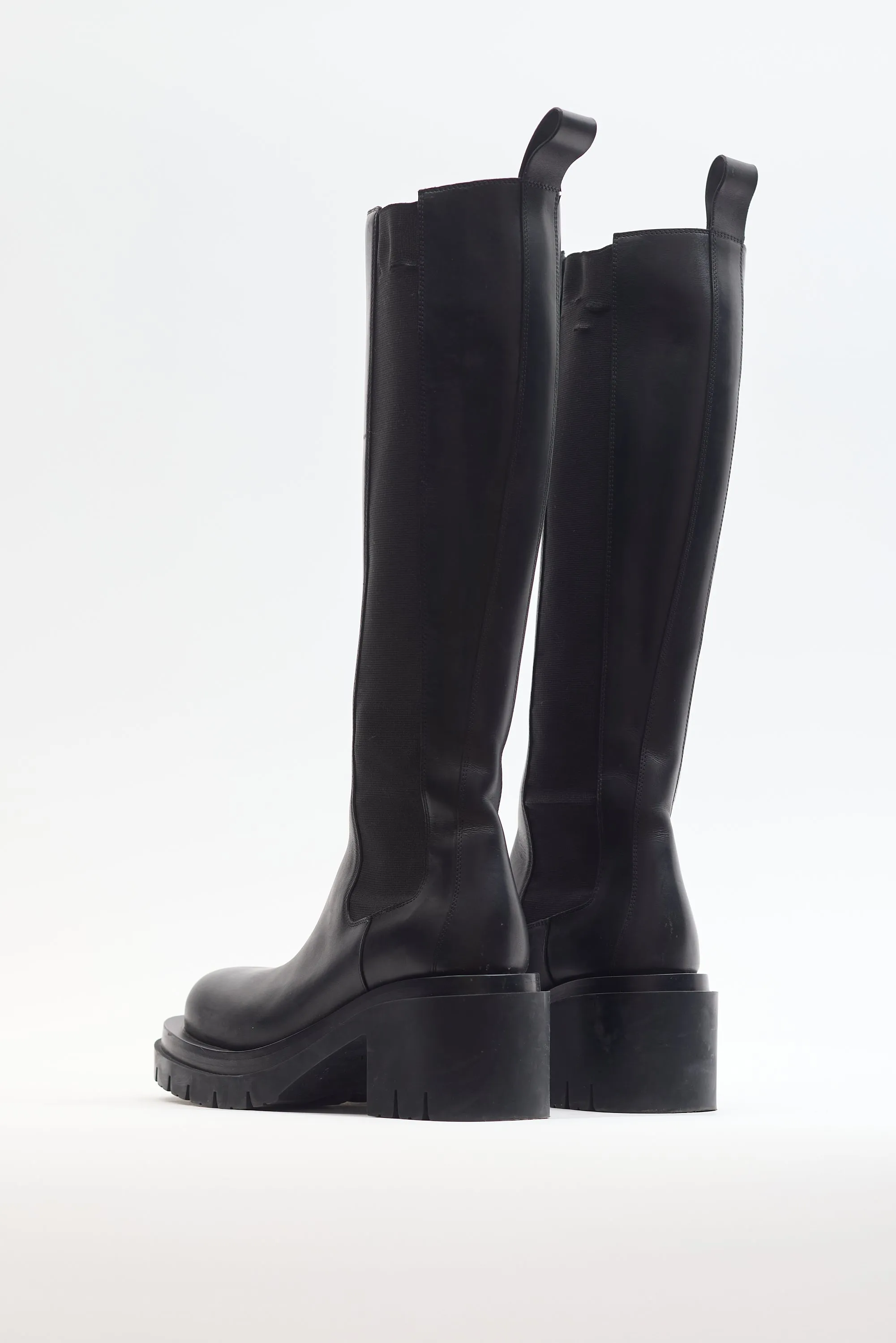 Black Leather Lug Knee High Chelsea Boot