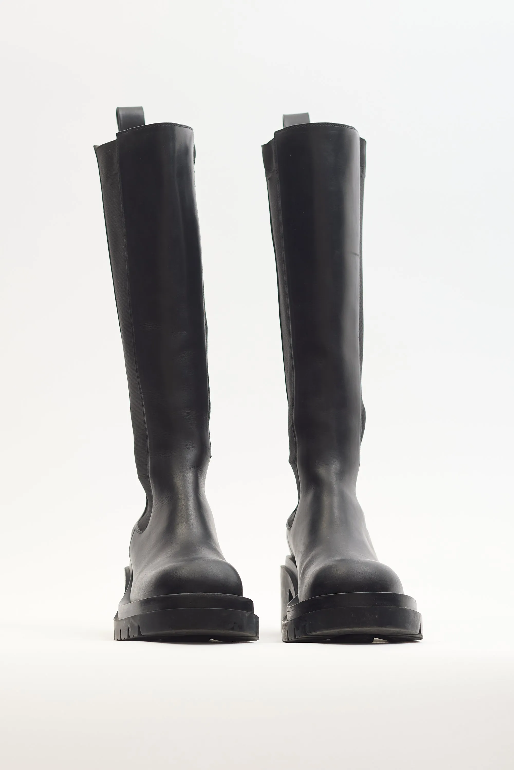 Black Leather Lug Knee High Chelsea Boot