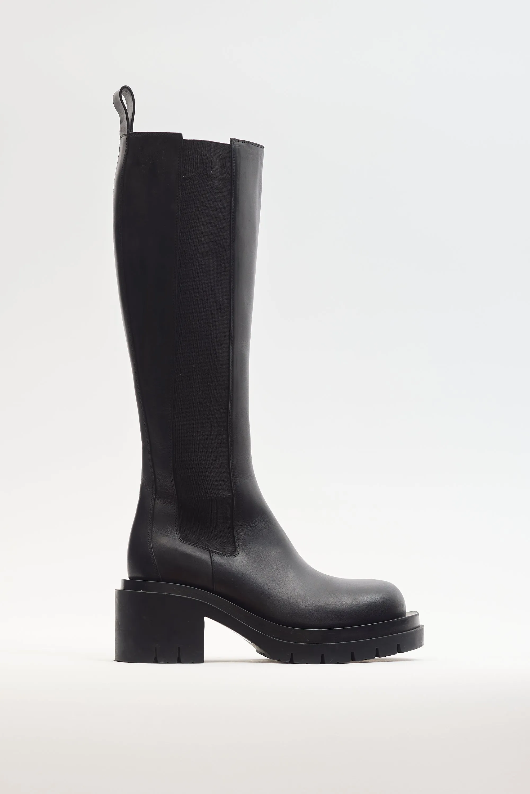 Black Leather Lug Knee High Chelsea Boot