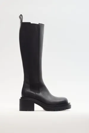 Black Leather Lug Knee High Chelsea Boot