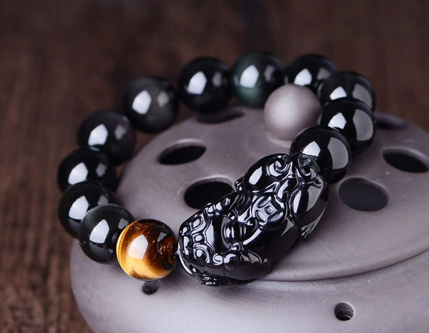 Black Obsidian Bracelet, Feng Shui Black Obsidian Wealth Bracelet