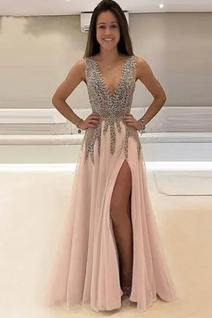 Deep V-Neck Sweep Train Sleeveless Tulle Prom Dress with Beading PG453