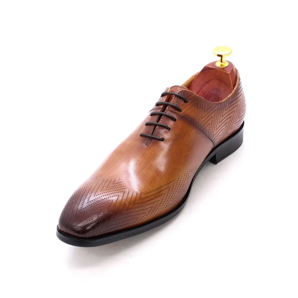 Genuine Leather Jagged Pattern Brown Oxford Shoes