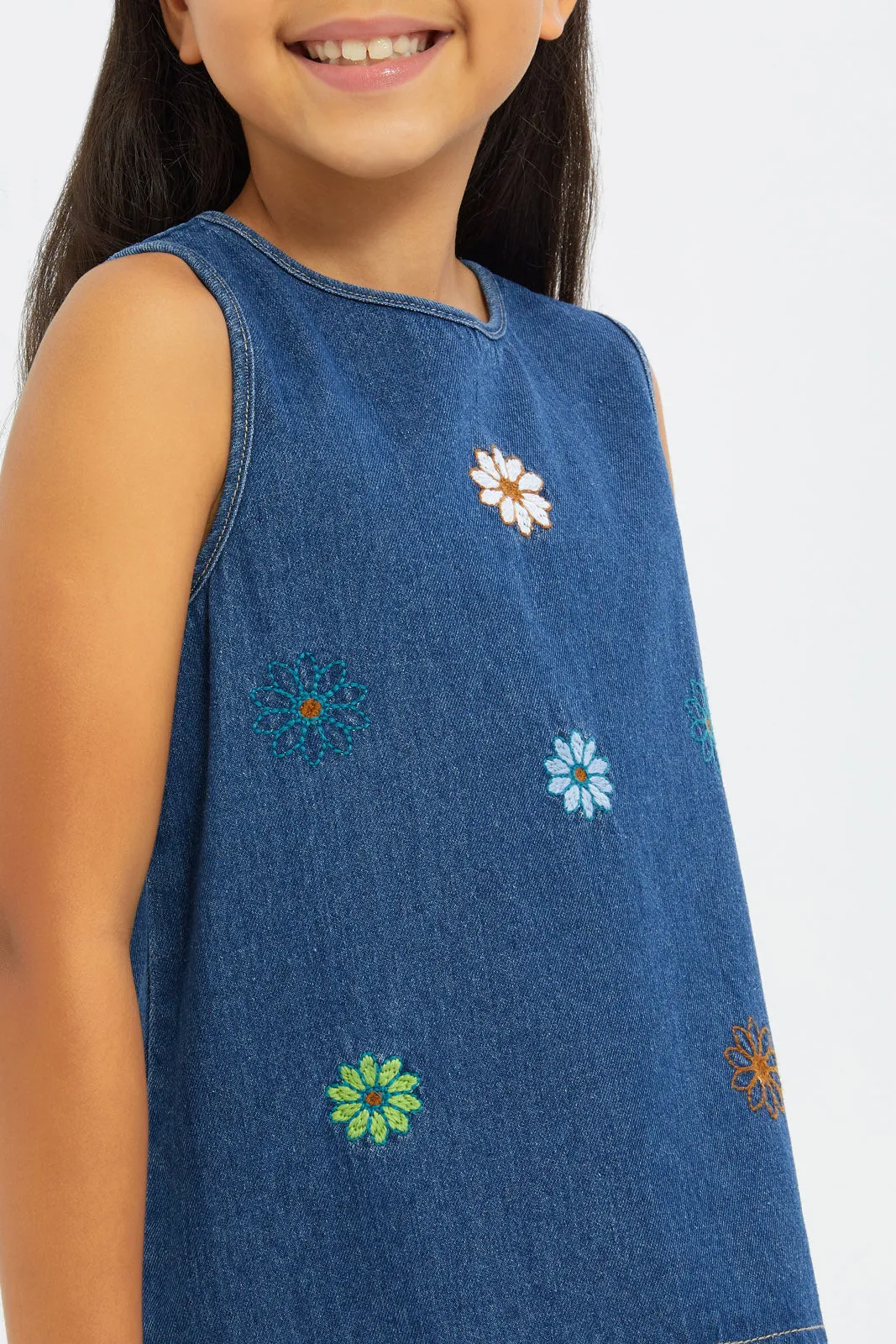 Girls Blue Embroidered Denim Blouse