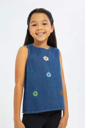 Girls Blue Embroidered Denim Blouse