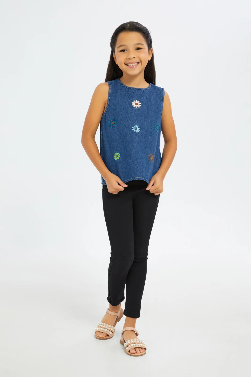 Girls Blue Embroidered Denim Blouse