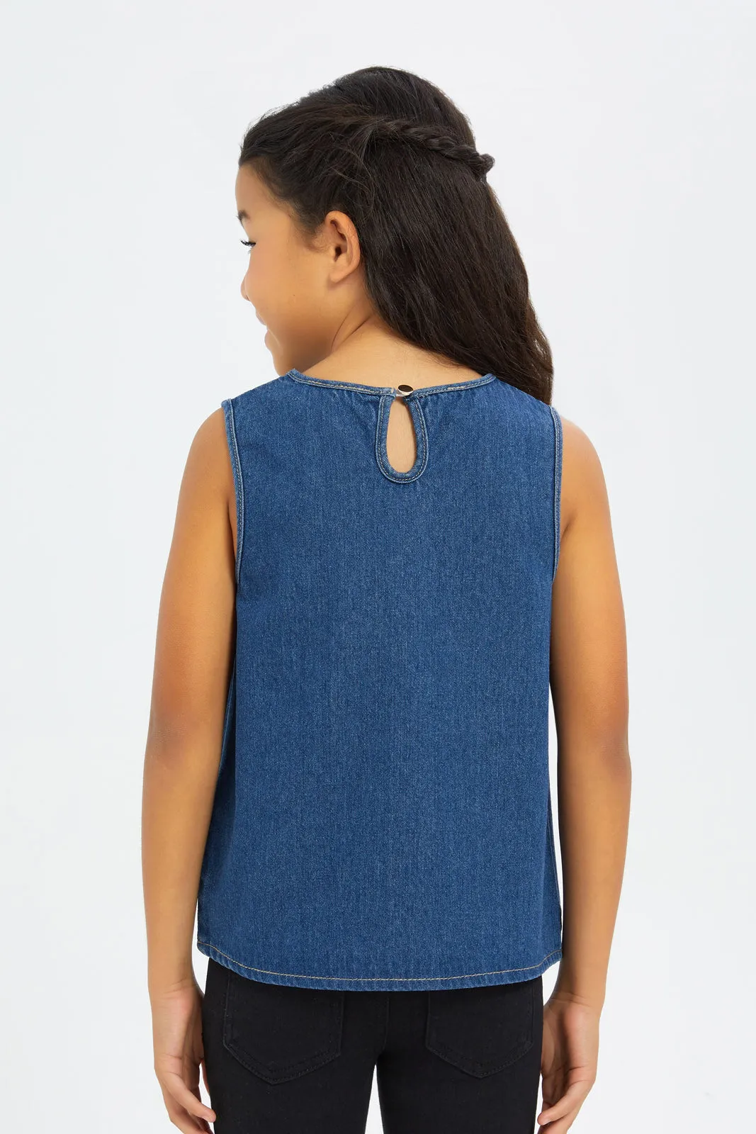 Girls Blue Embroidered Denim Blouse