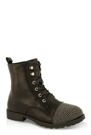 Girls Rhinestone Toe Lace Up Combat Boots