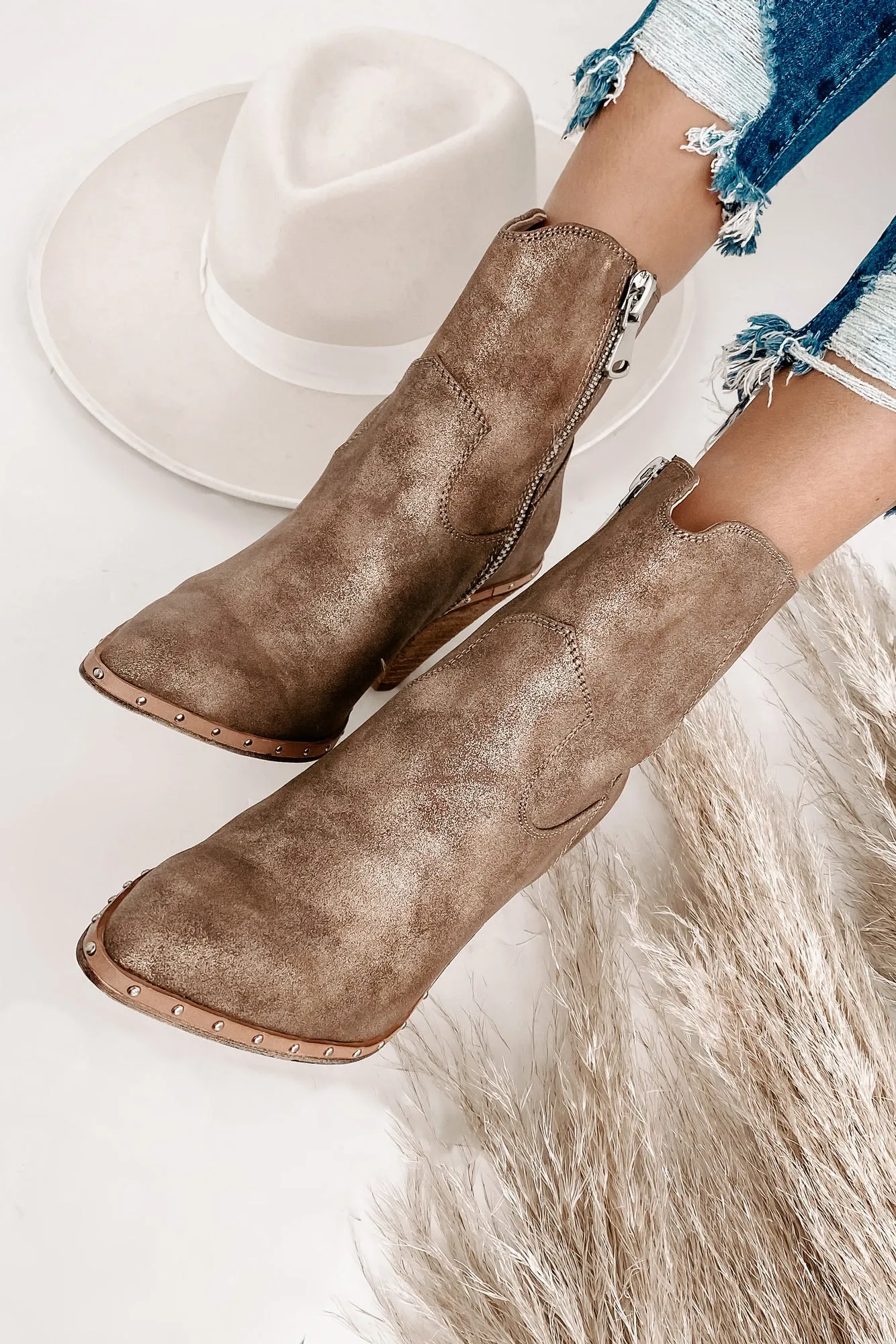 IMPERFECT "Ramblin' Man" Faux Suede Studded Sole Booties (Champagne)