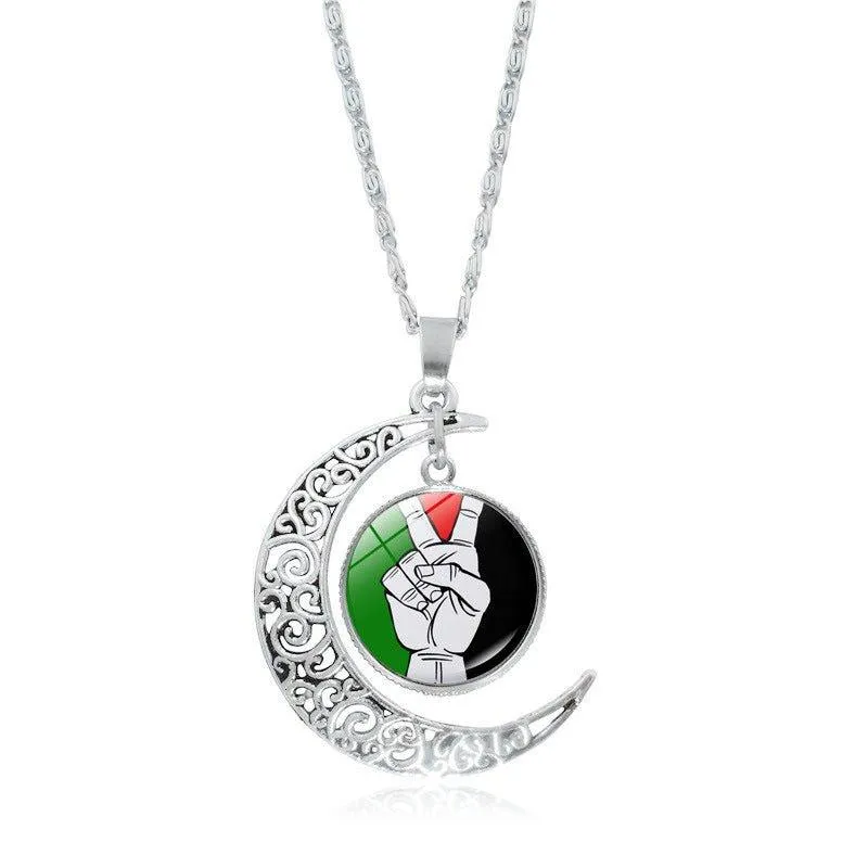 MAC077 Women's Versatile Silver keffiyeh Hollow Moon Pendant Necklace