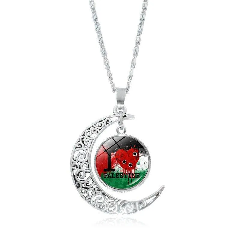 MAC077 Women's Versatile Silver keffiyeh Hollow Moon Pendant Necklace
