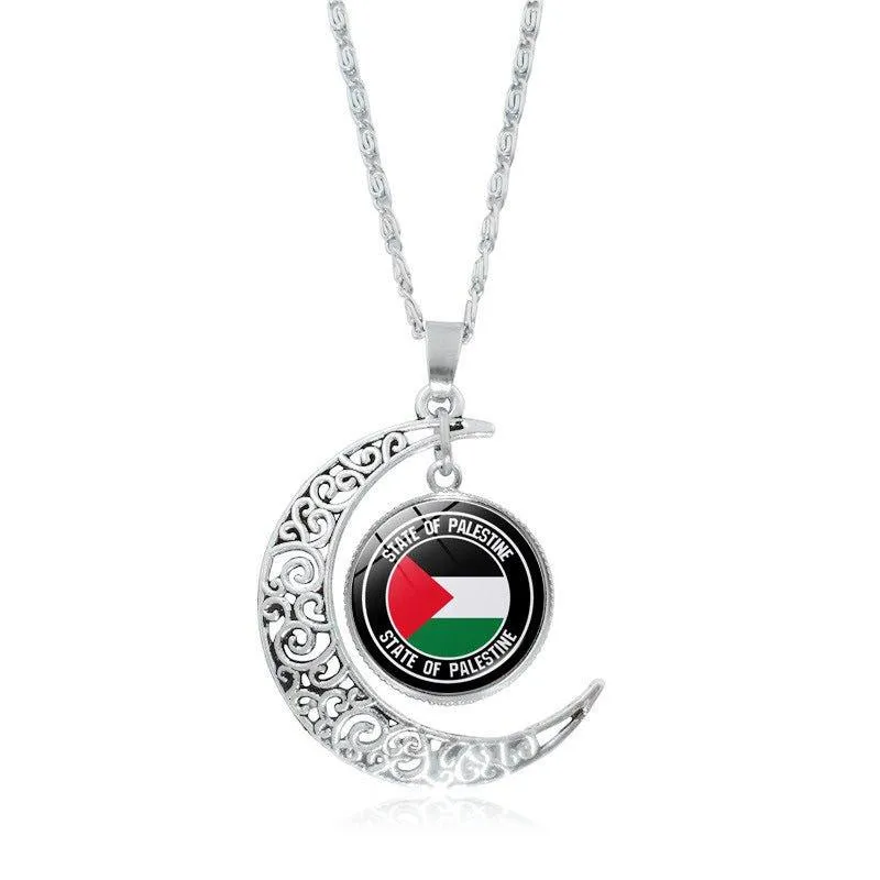MAC077 Women's Versatile Silver keffiyeh Hollow Moon Pendant Necklace