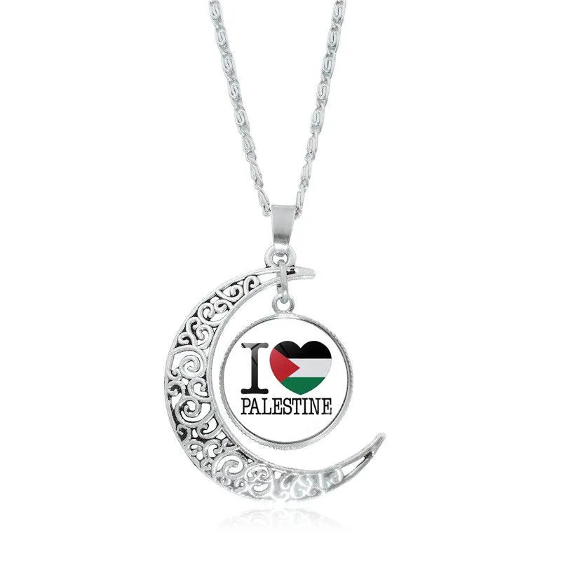 MAC077 Women's Versatile Silver keffiyeh Hollow Moon Pendant Necklace