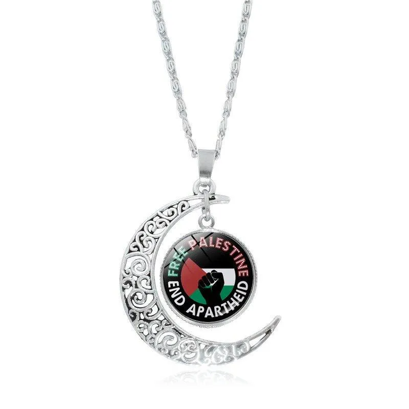 MAC077 Women's Versatile Silver keffiyeh Hollow Moon Pendant Necklace
