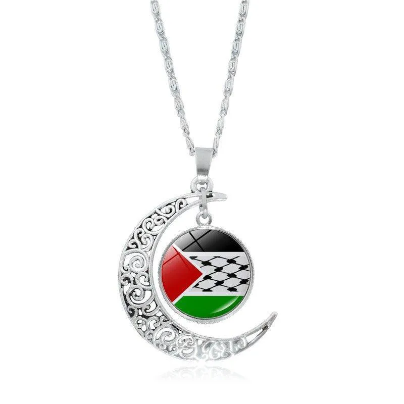 MAC077 Women's Versatile Silver keffiyeh Hollow Moon Pendant Necklace