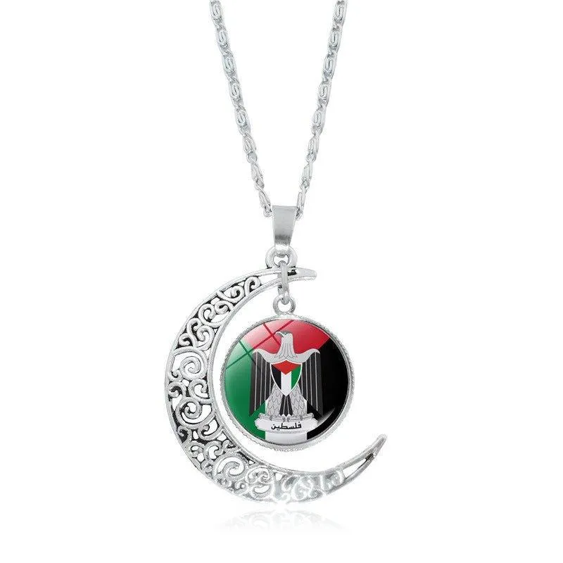 MAC077 Women's Versatile Silver keffiyeh Hollow Moon Pendant Necklace