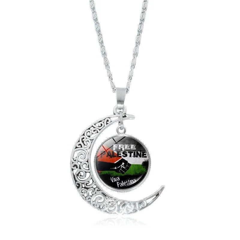 MAC077 Women's Versatile Silver keffiyeh Hollow Moon Pendant Necklace