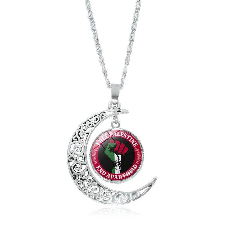 MAC077 Women's Versatile Silver keffiyeh Hollow Moon Pendant Necklace