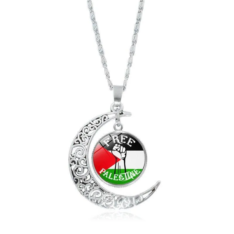 MAC077 Women's Versatile Silver keffiyeh Hollow Moon Pendant Necklace
