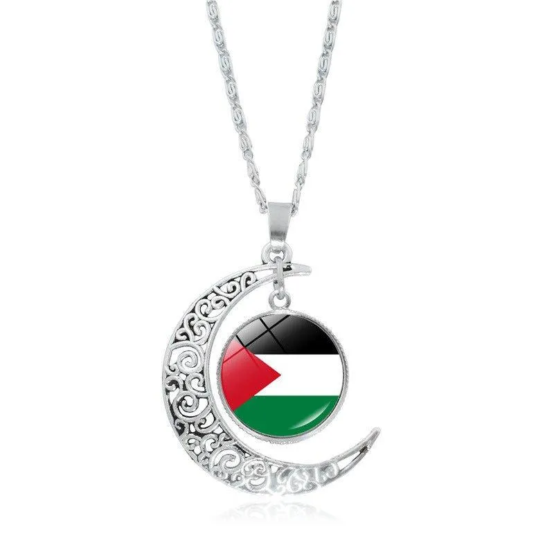MAC077 Women's Versatile Silver keffiyeh Hollow Moon Pendant Necklace