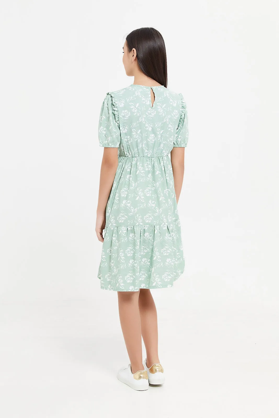 Senior Girls Green Printed Tiered Dress