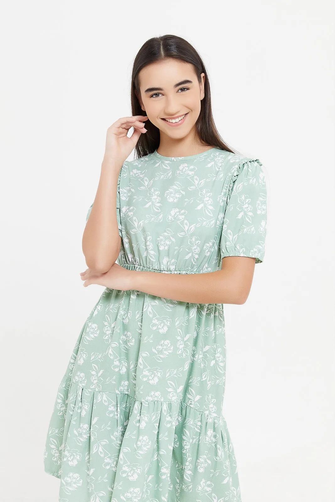 Senior Girls Green Printed Tiered Dress