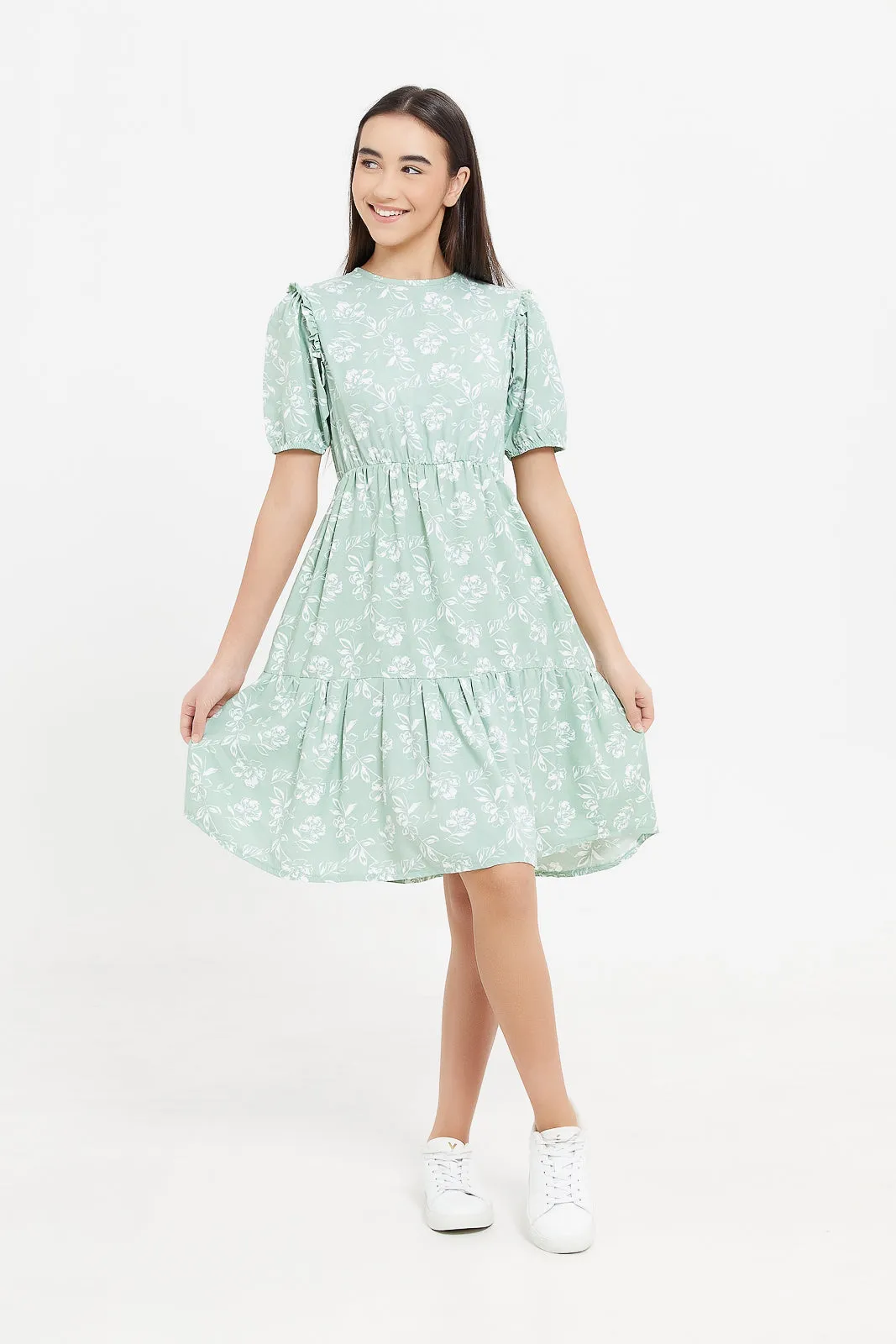 Senior Girls Green Printed Tiered Dress