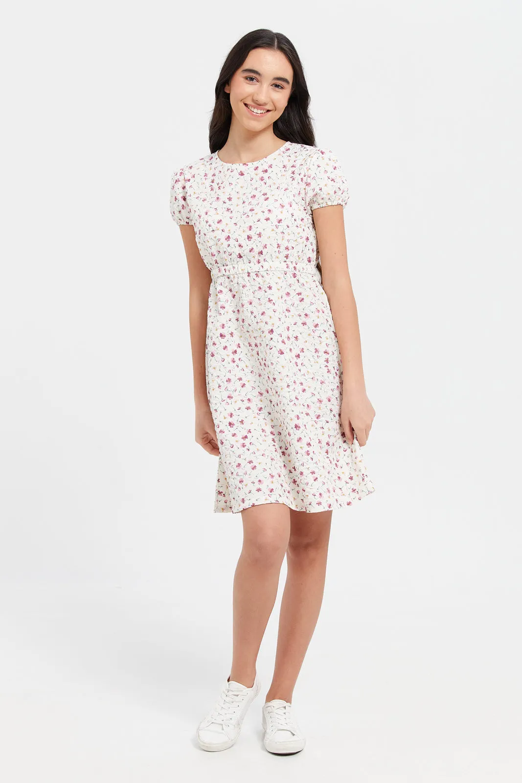 Senior Girls White Floral Print Dress