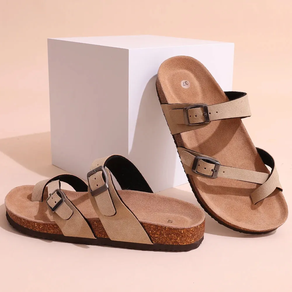 Sohiwoo  Summer Women Cork Footbed Sandals Slip On Outdoor Suede Mules Slides Clogs Home Double Buckle Sandals With Arch Support