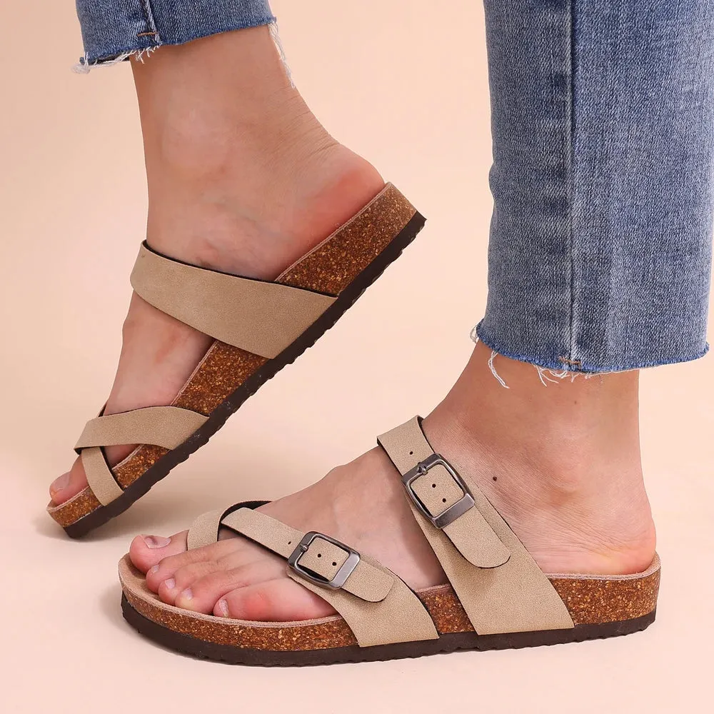 Sohiwoo  Summer Women Cork Footbed Sandals Slip On Outdoor Suede Mules Slides Clogs Home Double Buckle Sandals With Arch Support
