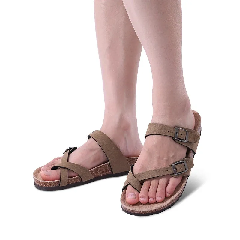Sohiwoo  Summer Women Cork Footbed Sandals Slip On Outdoor Suede Mules Slides Clogs Home Double Buckle Sandals With Arch Support