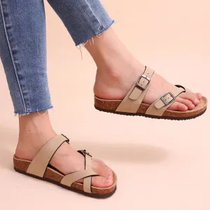 Sohiwoo  Summer Women Cork Footbed Sandals Slip On Outdoor Suede Mules Slides Clogs Home Double Buckle Sandals With Arch Support
