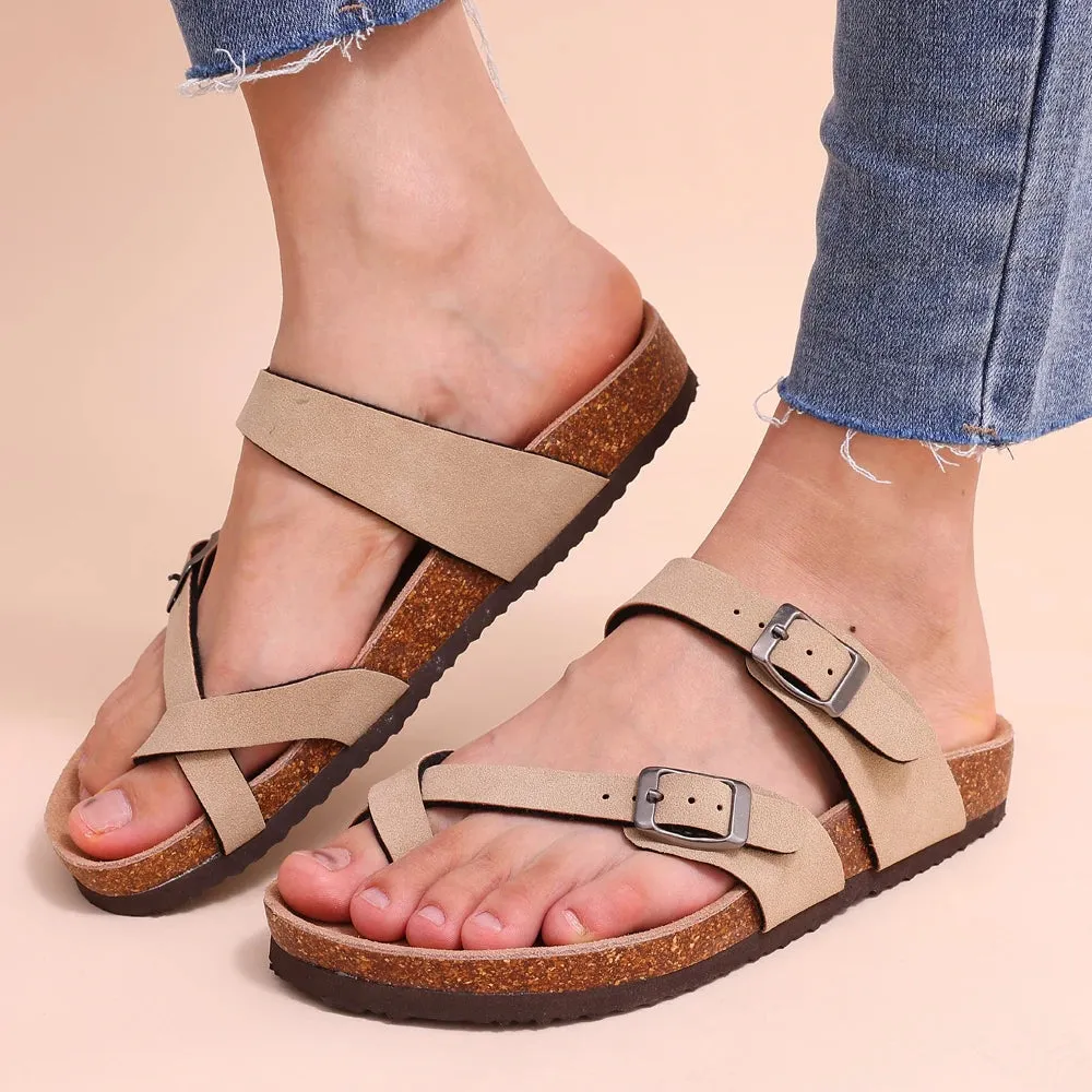 Sohiwoo  Summer Women Cork Footbed Sandals Slip On Outdoor Suede Mules Slides Clogs Home Double Buckle Sandals With Arch Support