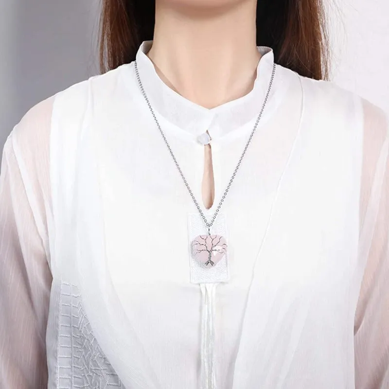 Tree of Life Wire Wrapped Heart Healing Crystal Stone Necklace