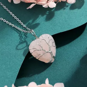 Tree of Life Wire Wrapped Heart Healing Crystal Stone Necklace