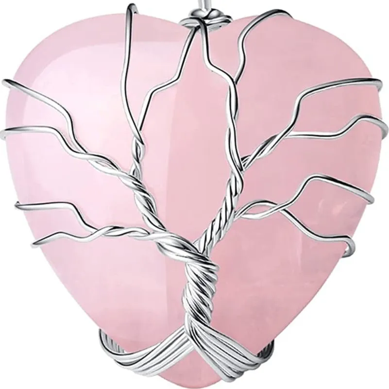 Tree of Life Wire Wrapped Heart Healing Crystal Stone Necklace