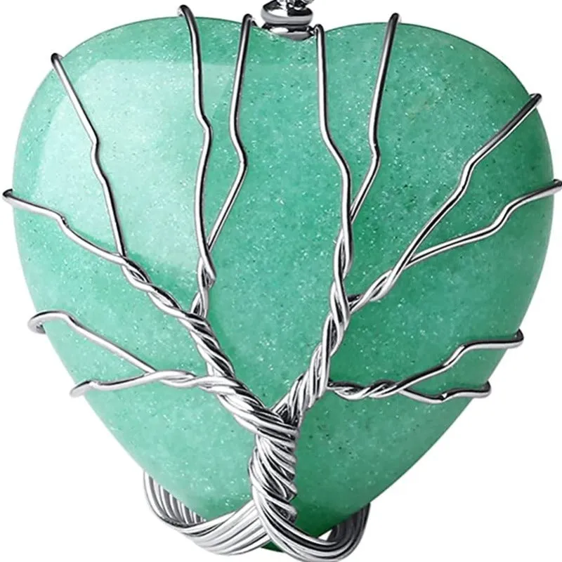 Tree of Life Wire Wrapped Heart Healing Crystal Stone Necklace