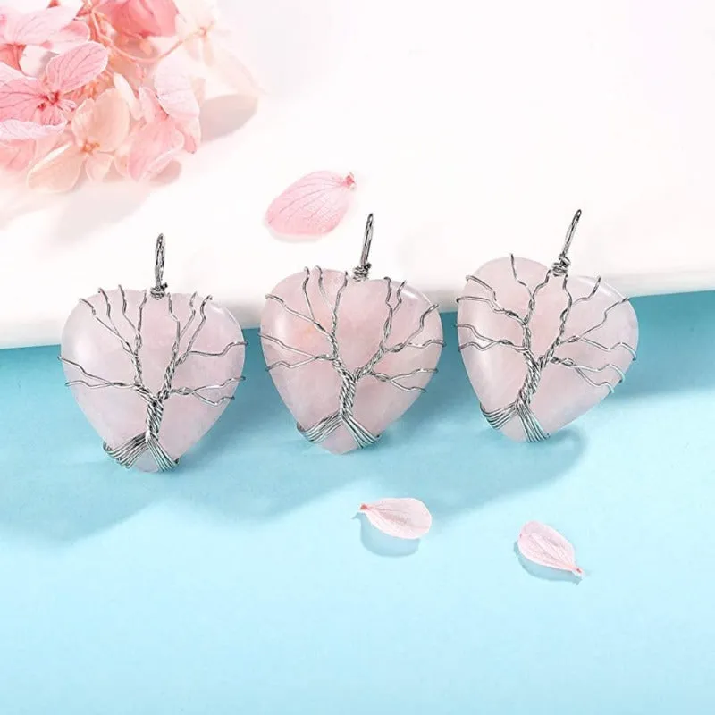 Tree of Life Wire Wrapped Heart Healing Crystal Stone Necklace