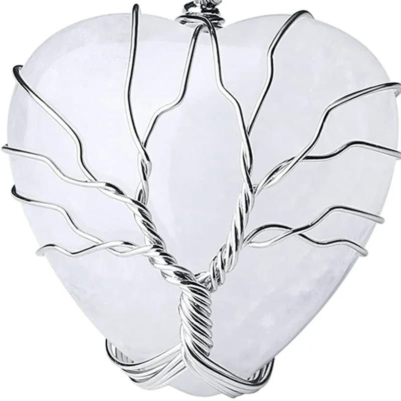 Tree of Life Wire Wrapped Heart Healing Crystal Stone Necklace