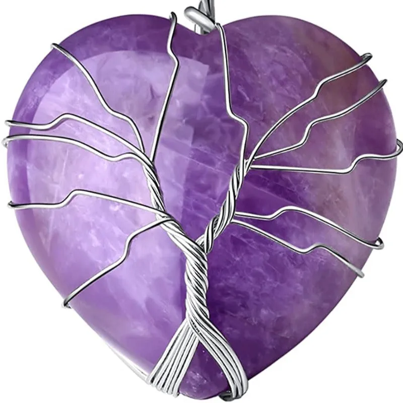 Tree of Life Wire Wrapped Heart Healing Crystal Stone Necklace