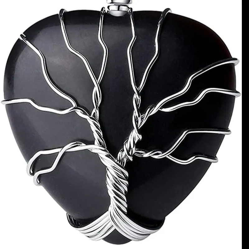Tree of Life Wire Wrapped Heart Healing Crystal Stone Necklace