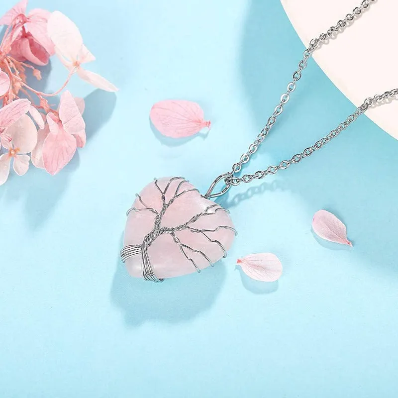 Tree of Life Wire Wrapped Heart Healing Crystal Stone Necklace