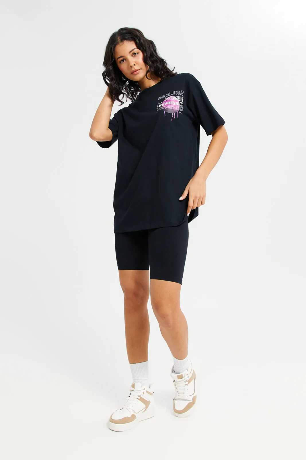 Women Black Universe Oversized Printed T-Shirt