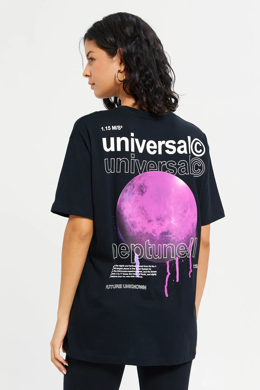 Women Black Universe Oversized Printed T-Shirt